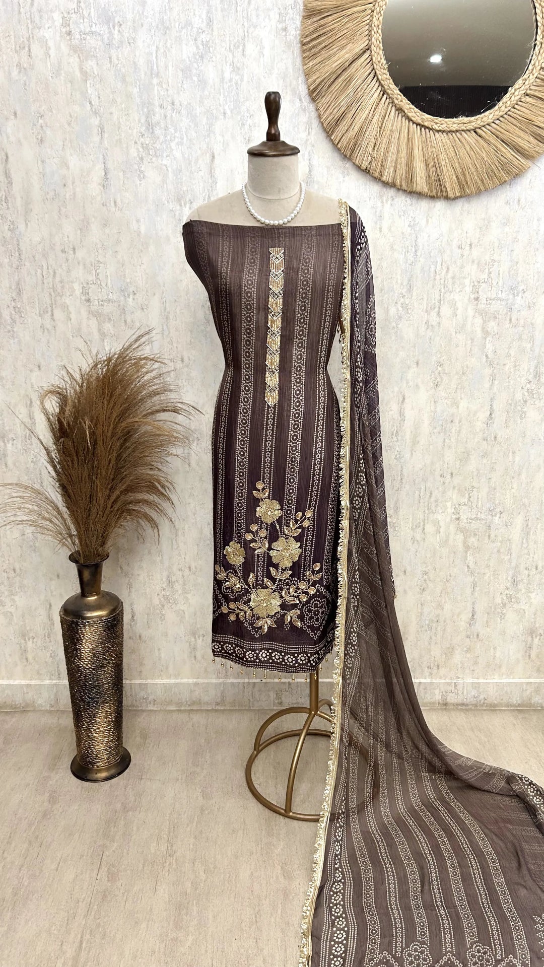 Glass Organza Unstitched Suit Set With Katdana And Sequence Detailing
