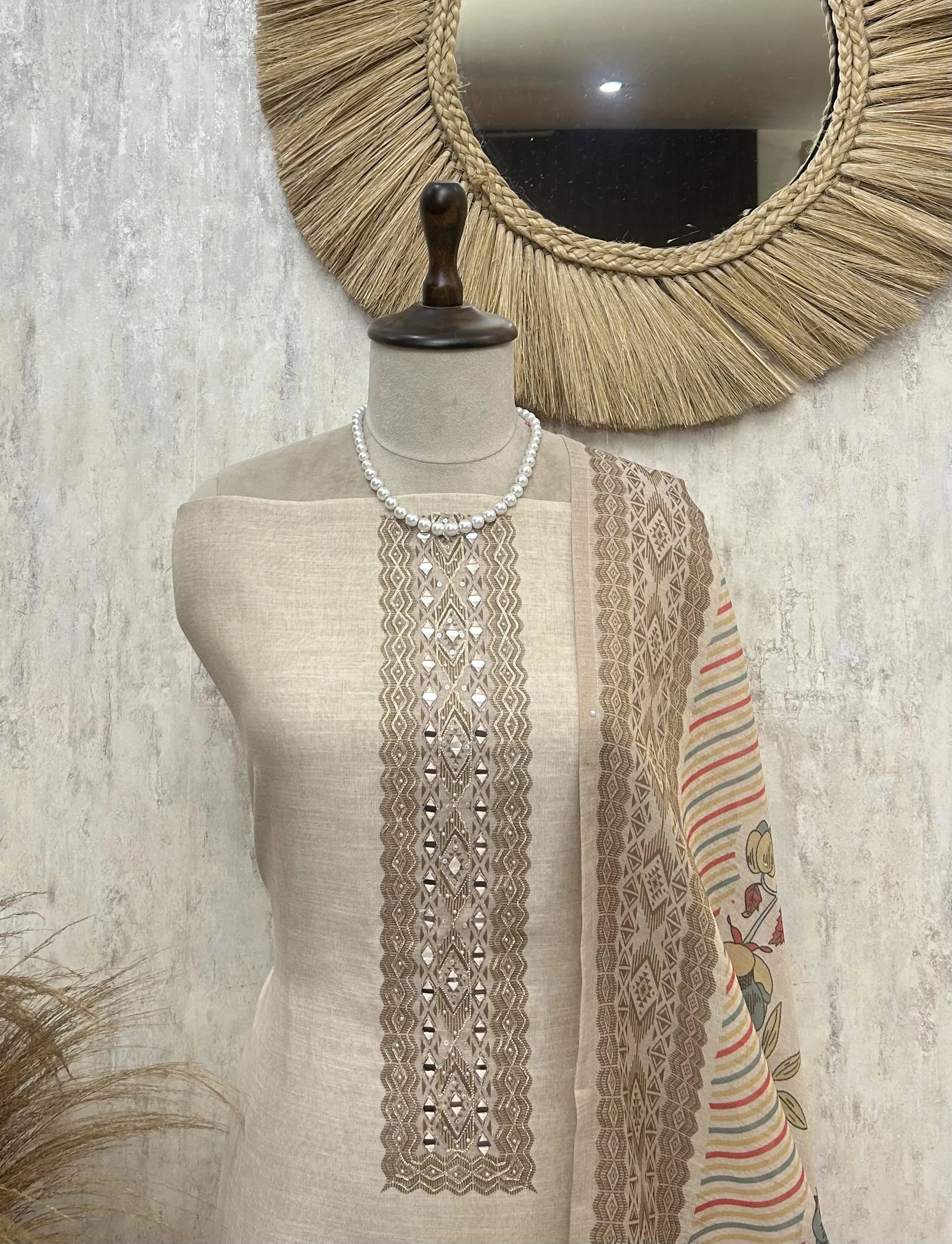 Elegant Beige Heritage tissue Unstitched Suit