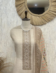 Elegant Beige Heritage tissue Unstitched Suit