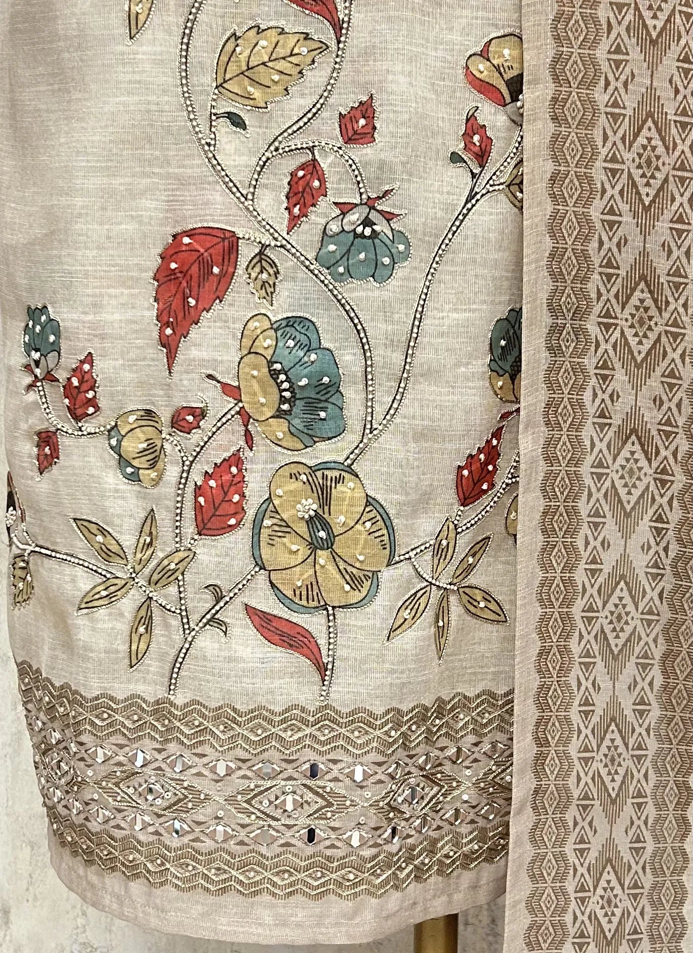 Elegant Beige Heritage tissue Unstitched Suit
