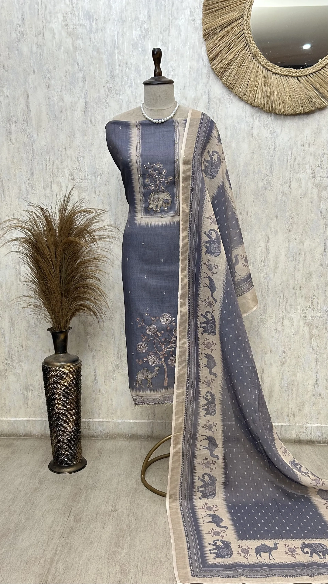 Elegant Elephant Motif Unstitched Suit