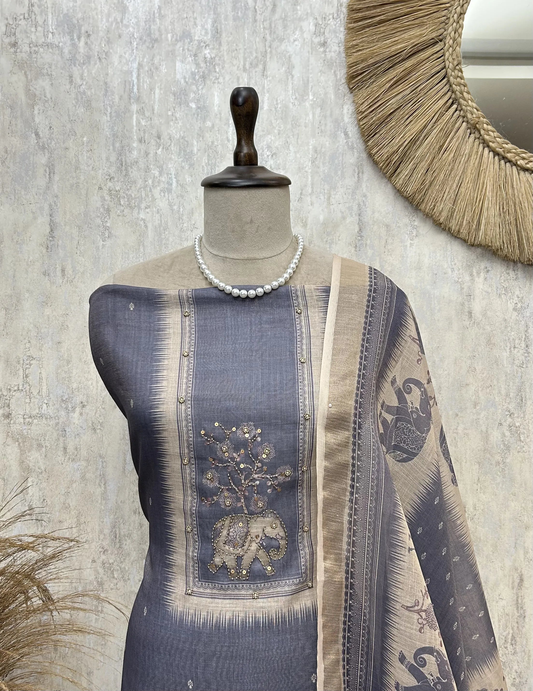 Elegant Elephant Motif Unstitched Suit
