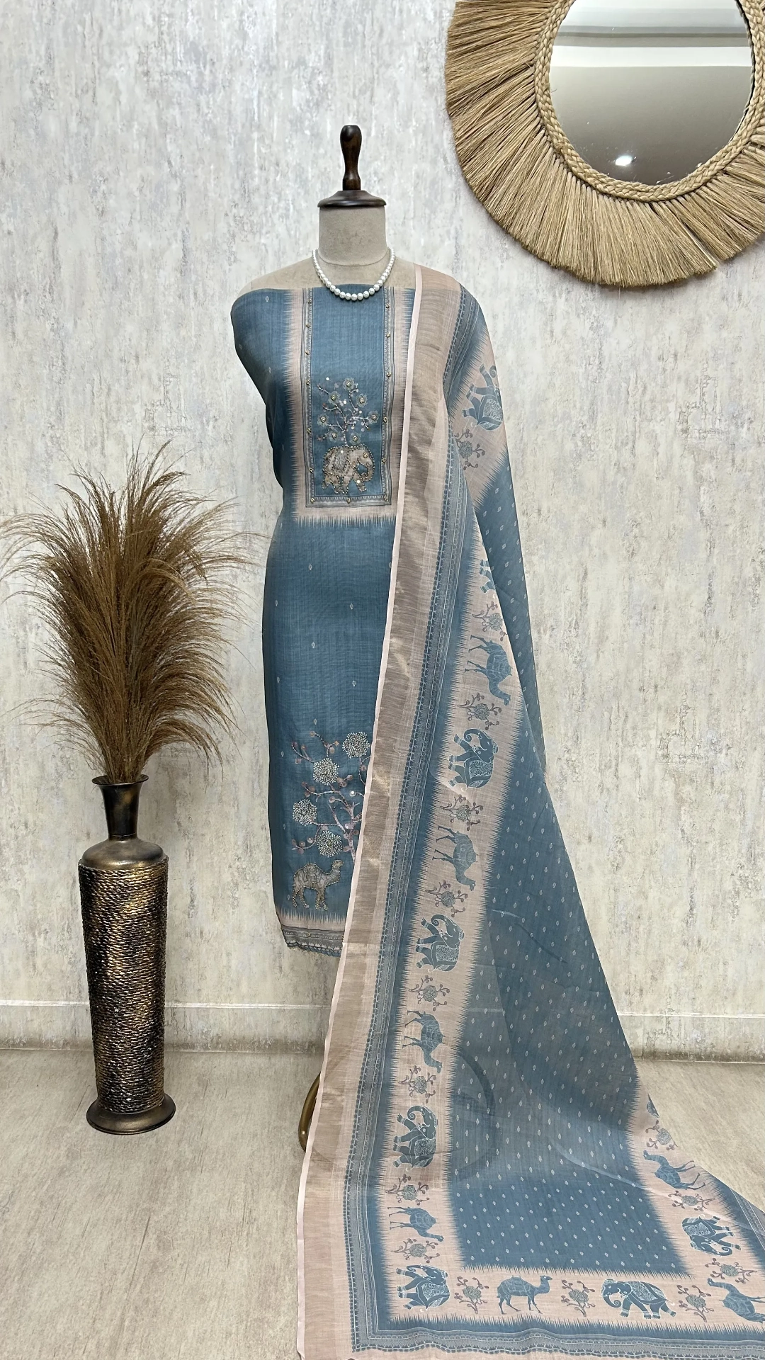 Elegant Elephant Motif Unstitched Suit