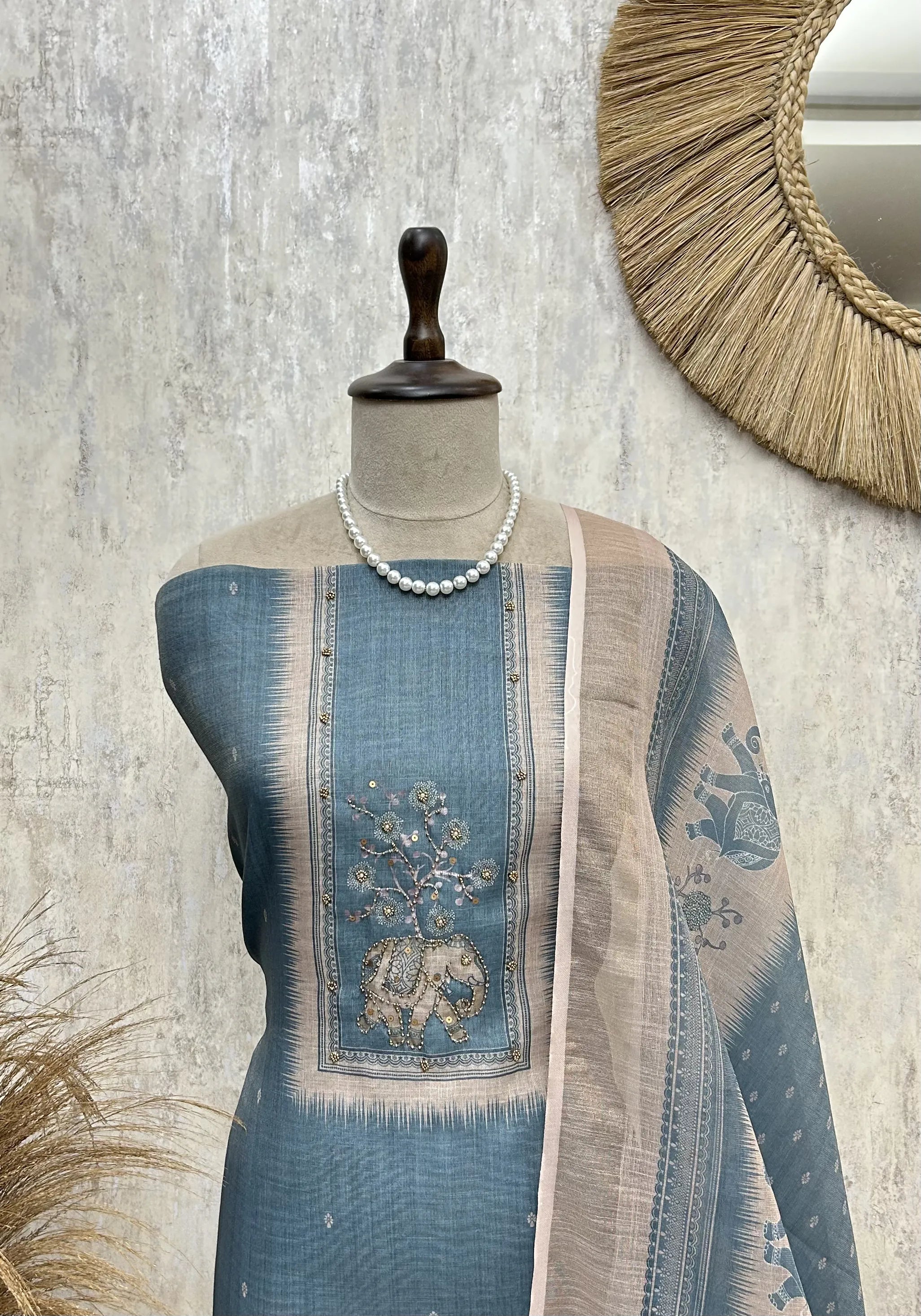Elegant Elephant Motif Unstitched Suit