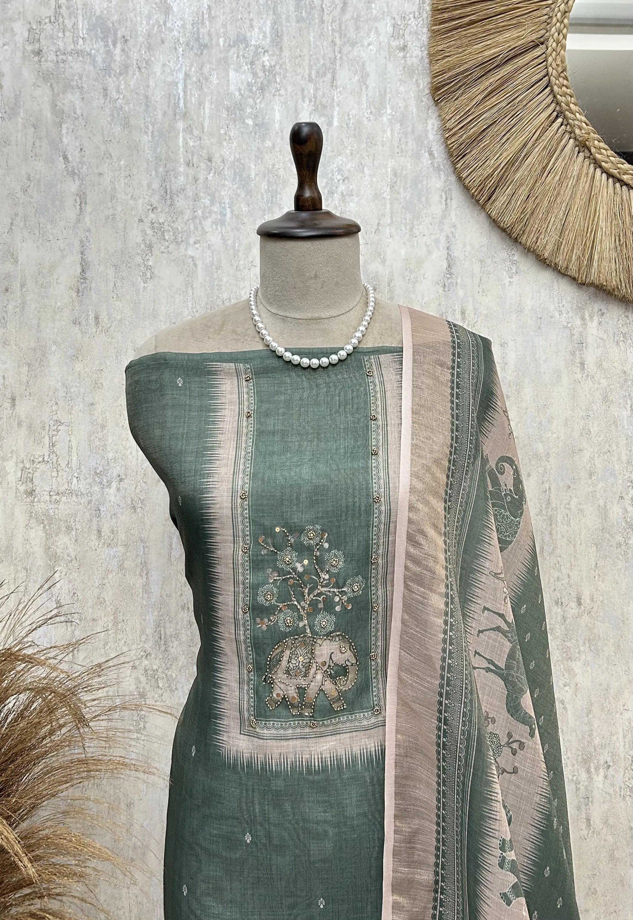 Elegant Elephant Motif Unstitched Suit