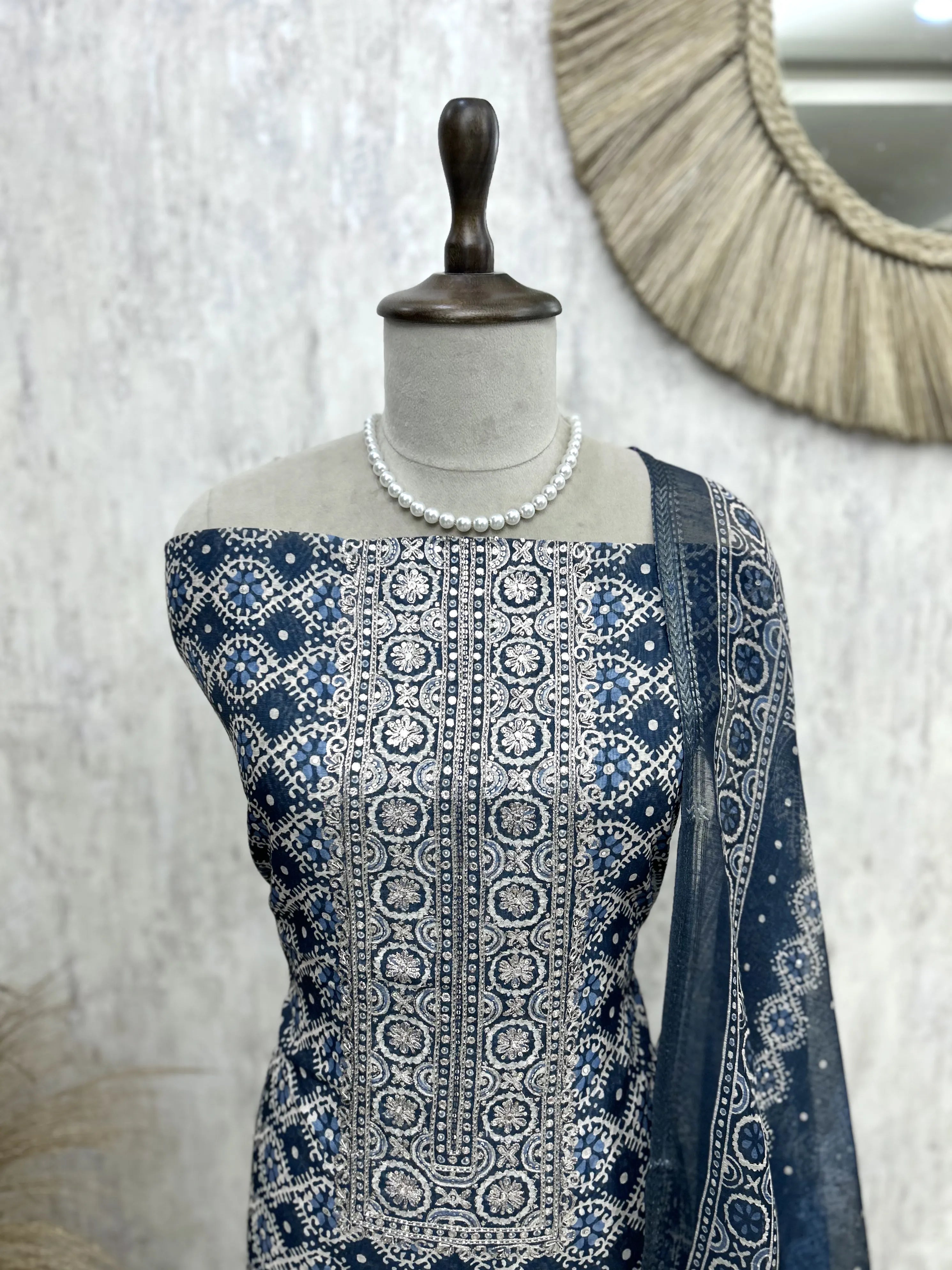 Printed Maheshwari Unstitched Suit Set With Maheshwari Dupatta