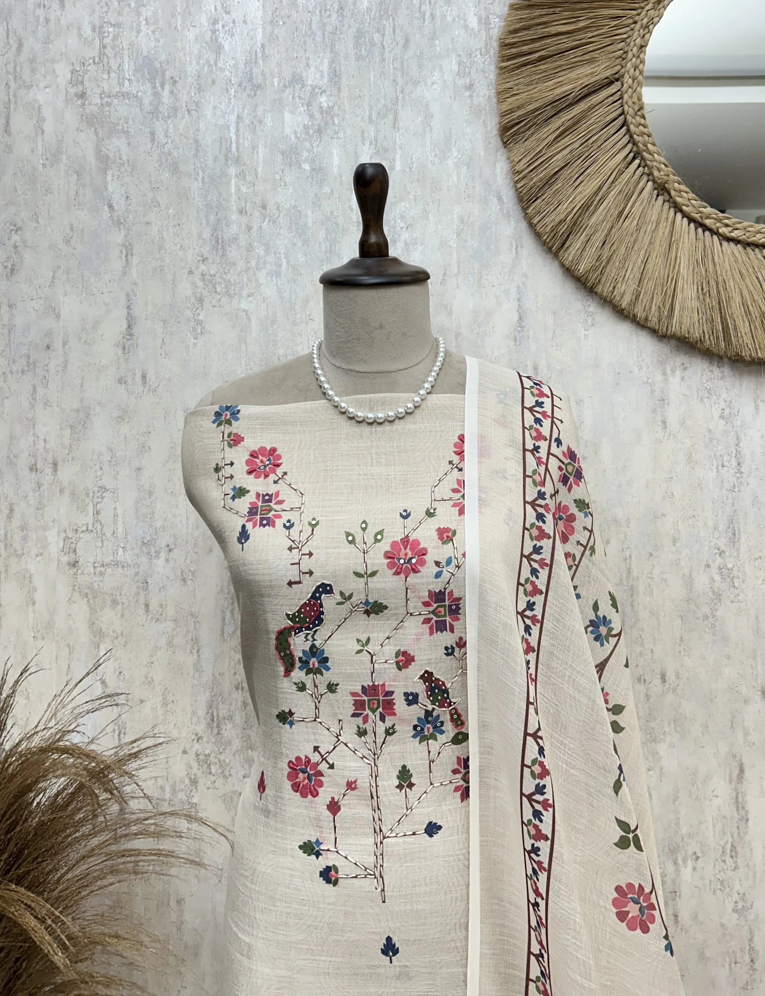 Birdsong Floral Elegance Linen Unstitched Suit