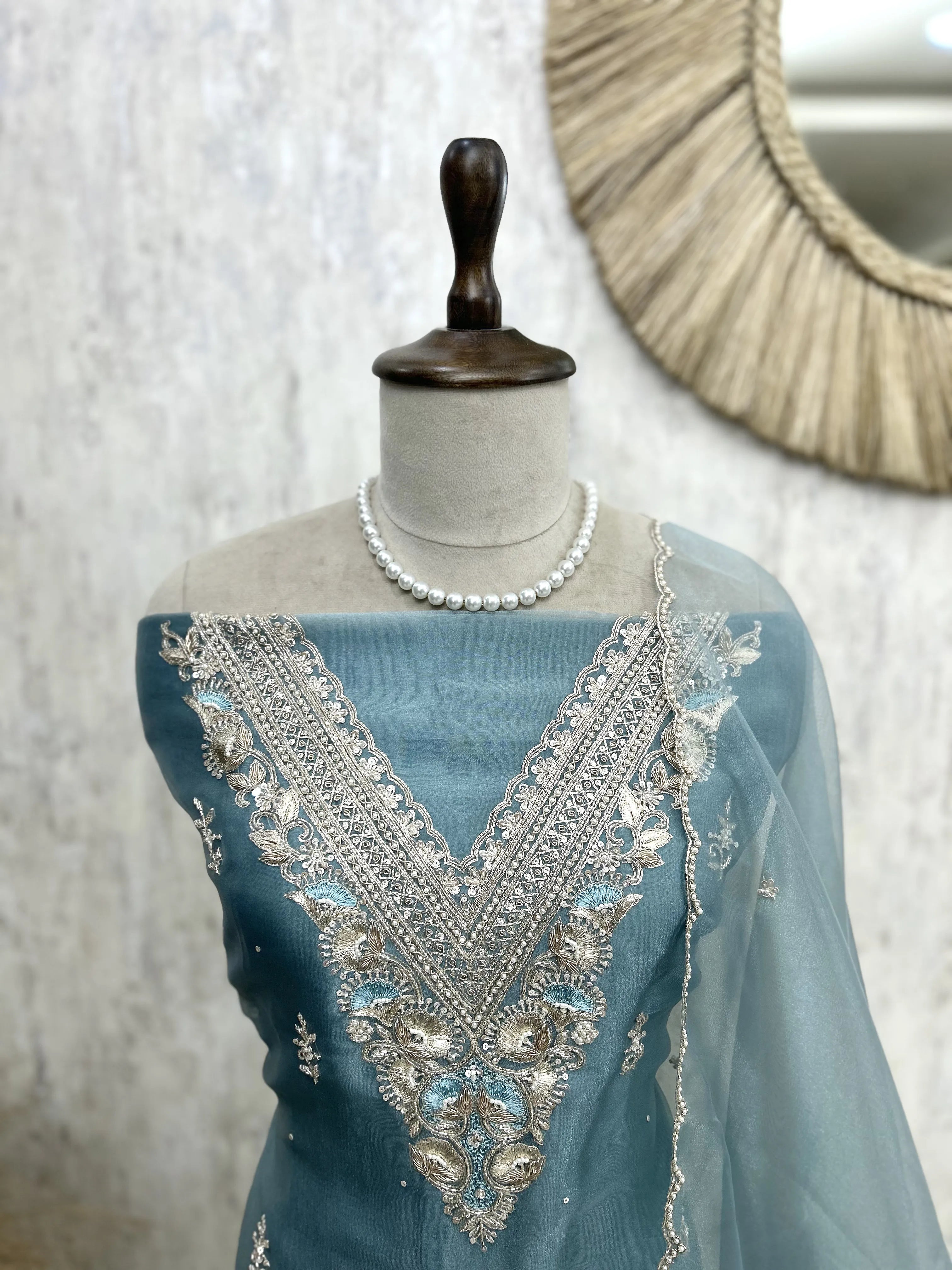 Glass Organza Unstitched Suit Set With Glass Organza Dupatta