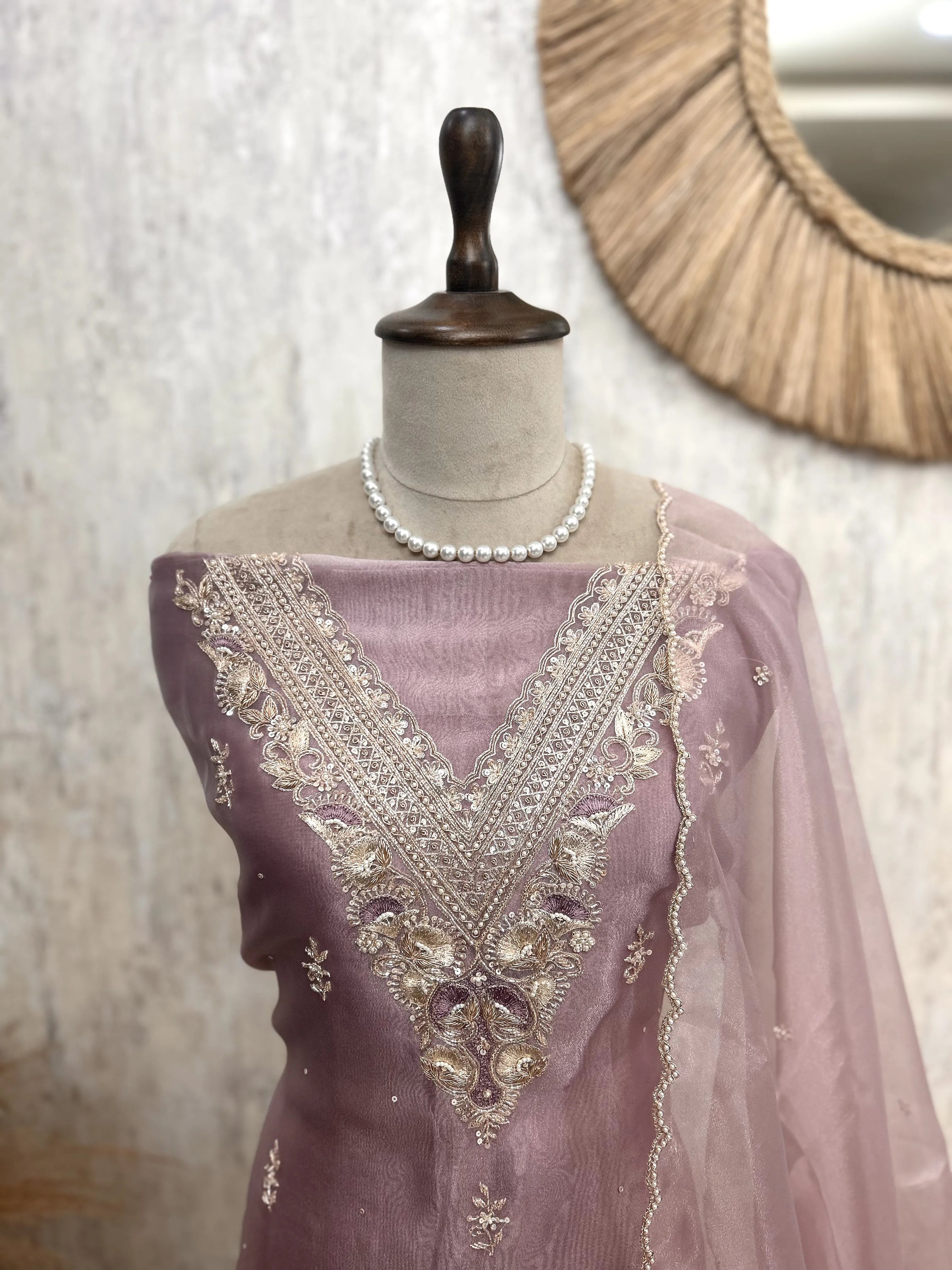 Glass Organza Unstitched Suit Set With Glass Organza Dupatta