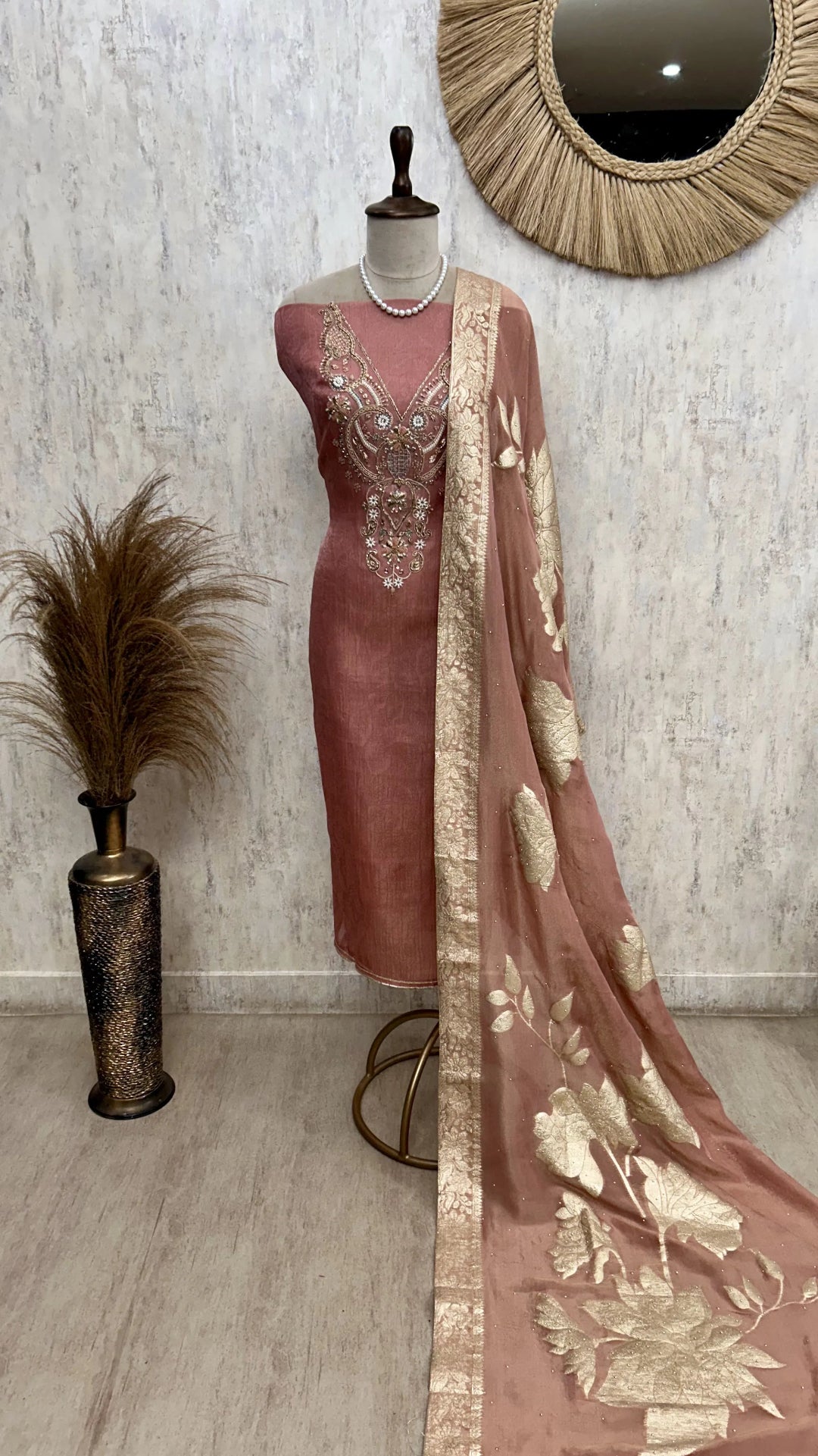 Crush Tissue Unstitched Suit Set With Zardosi Work