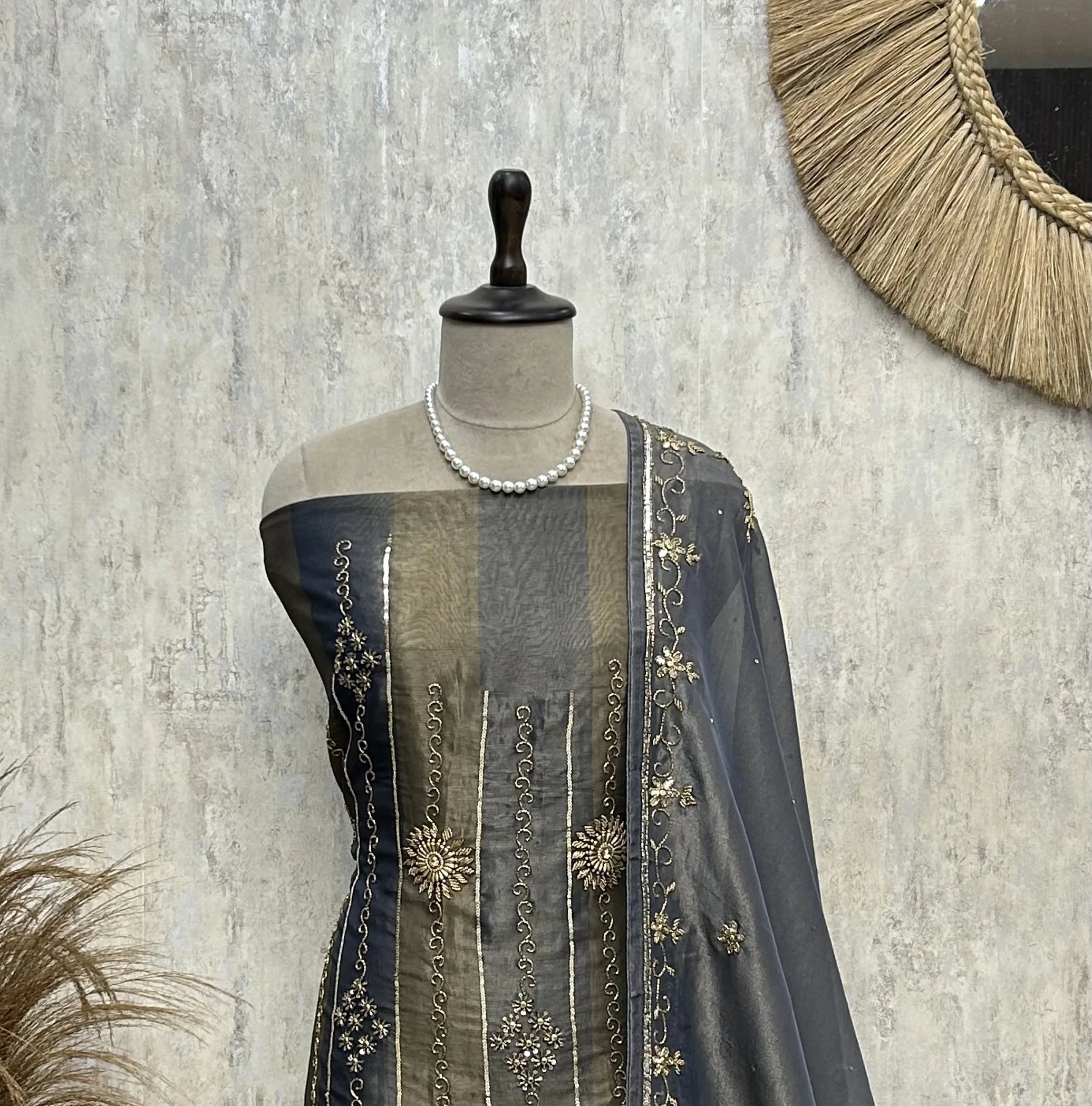 Smoky Zari Elegance Burberry Tissue Unstitched Suit